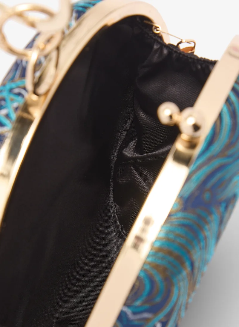 Khizana Blue Woven Print Circle Shape Statement Clutch With Gold Accent for Women | Best Price UAE